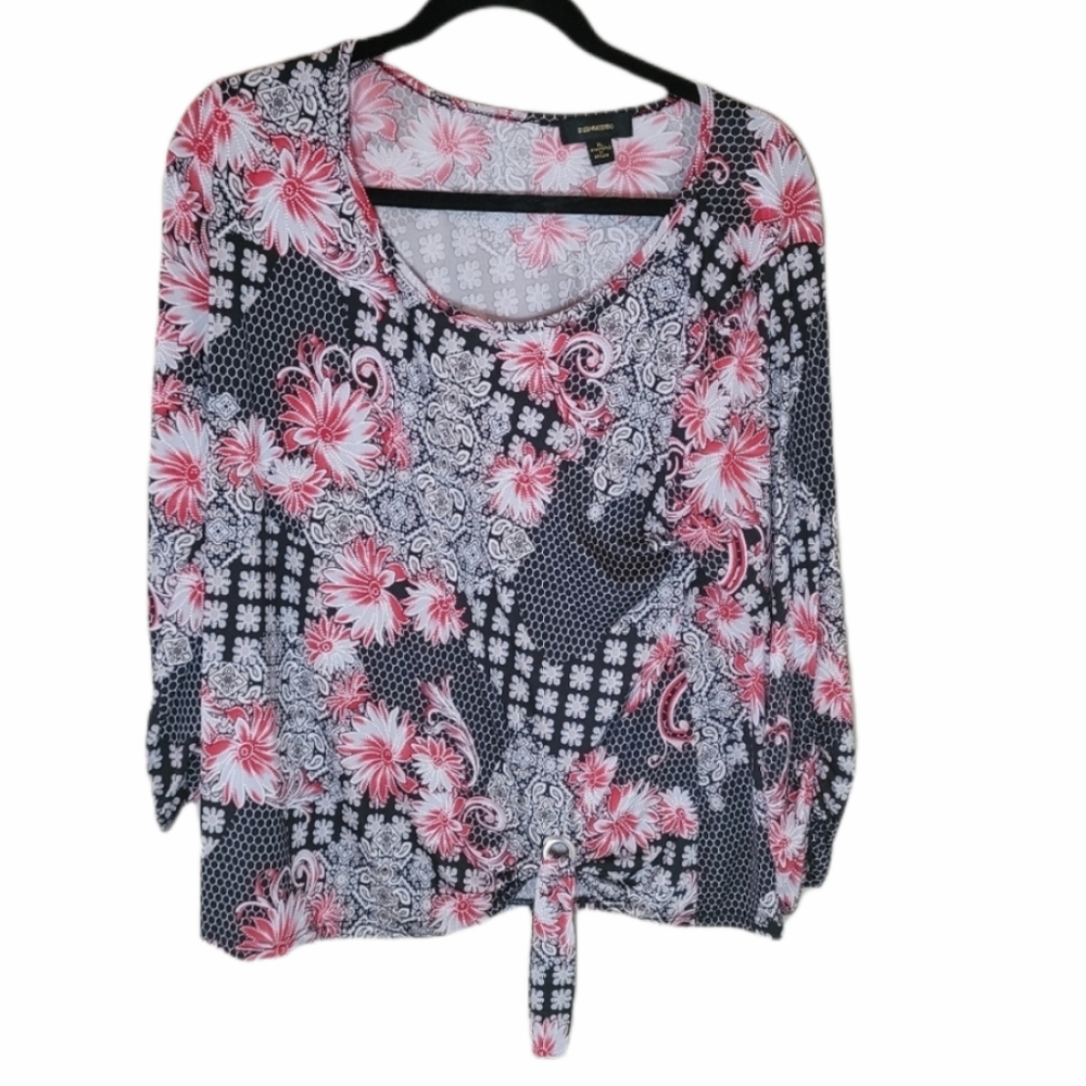 Espresso black, red, gray, & white blouse